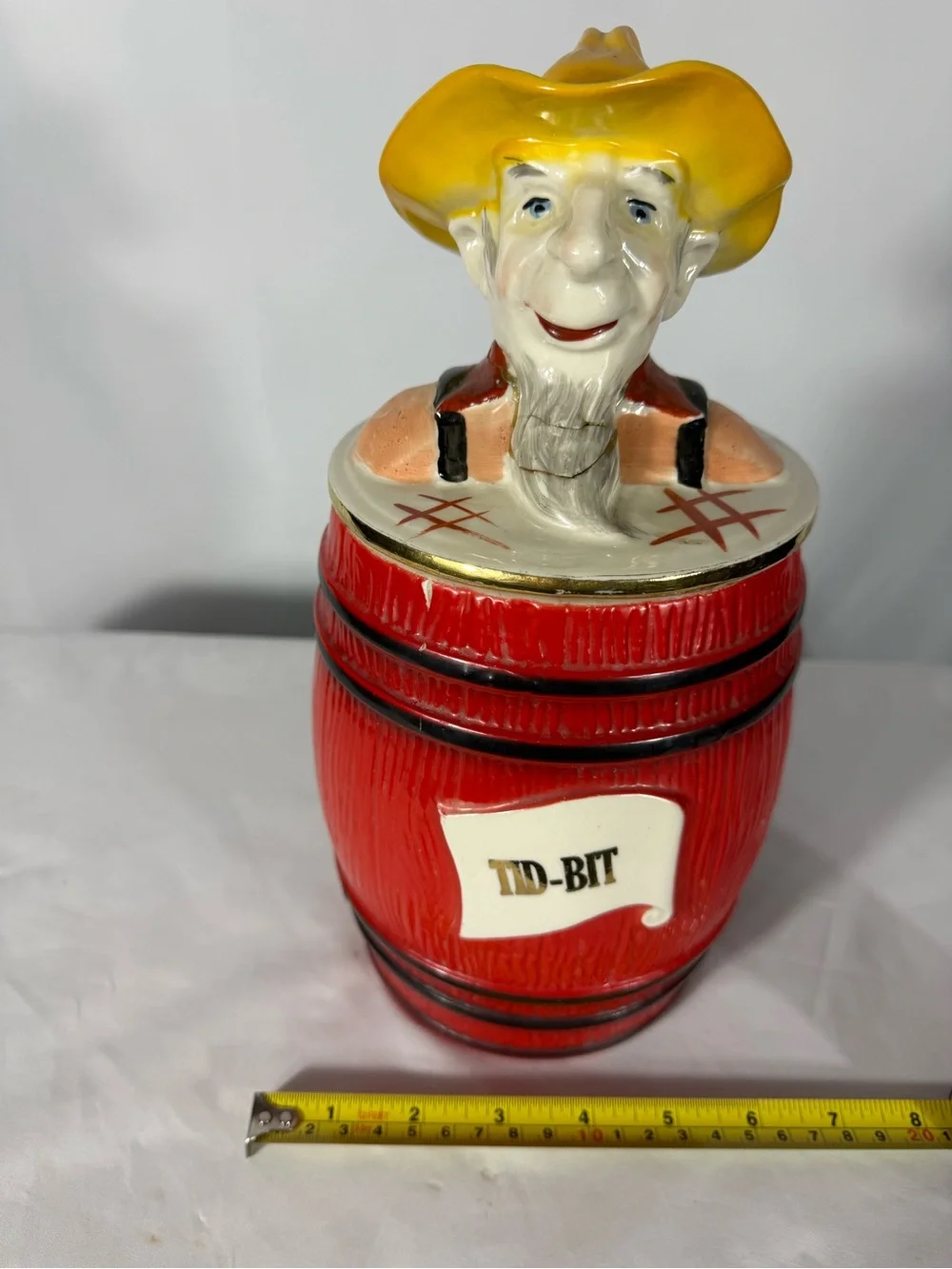 Vintage Cowboy TID-BIT Ceramic Cookie Jar Red Barrel Canister